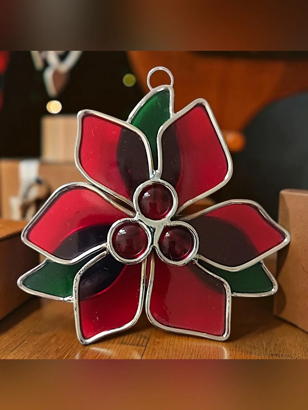 Vintage Stained Glass Poinsettia Suncatcher Ornament Christmas Window Red Green